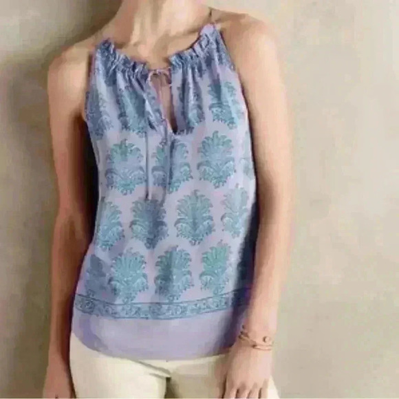 Anthropology 100% Silk Halter Tank Top Lavender Purple Teal Pattern Women Sz 10 - Picture 2 of 11